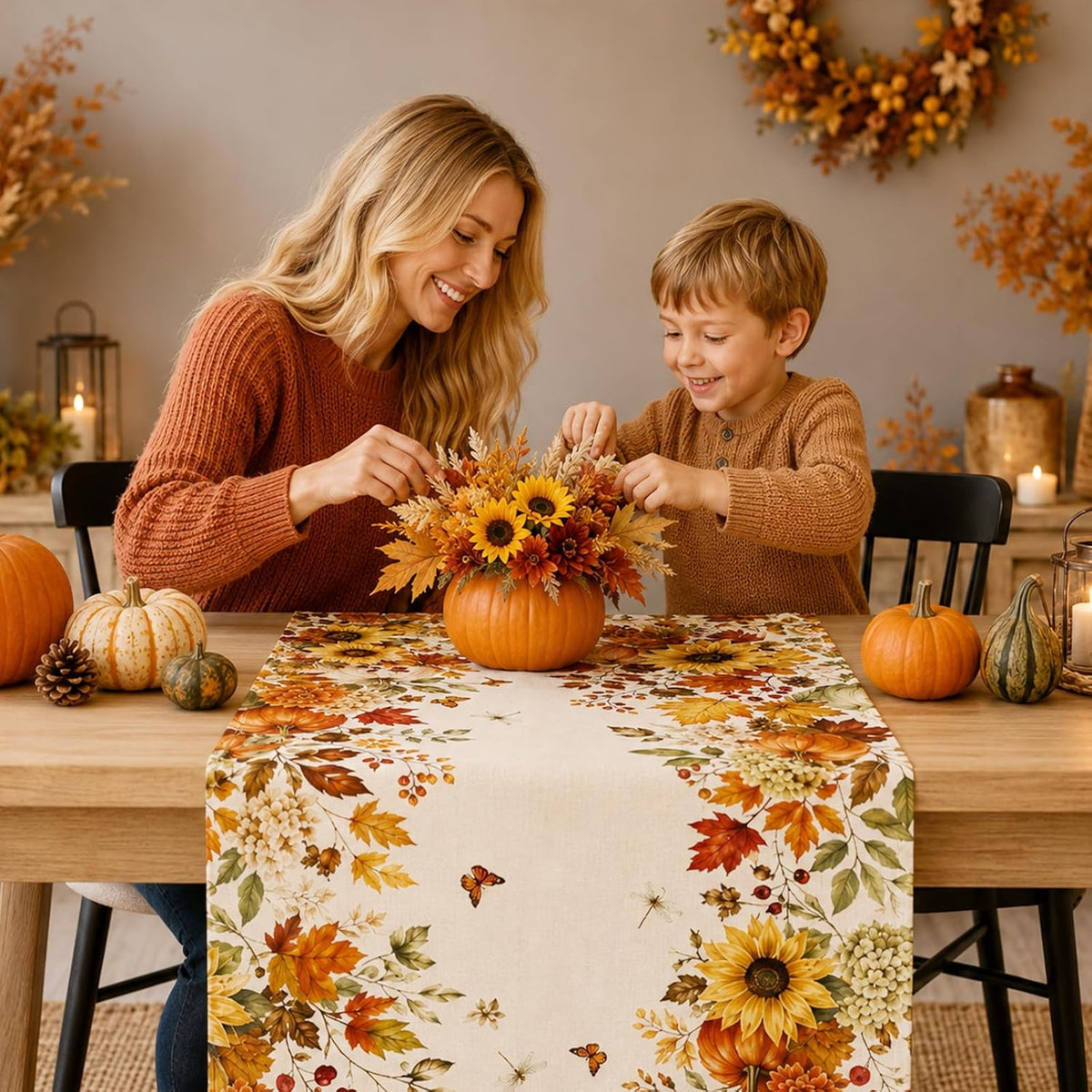 Fall Table Runner 13×72 in with Fall Decor Pumpkin, Sunflower&Leaf