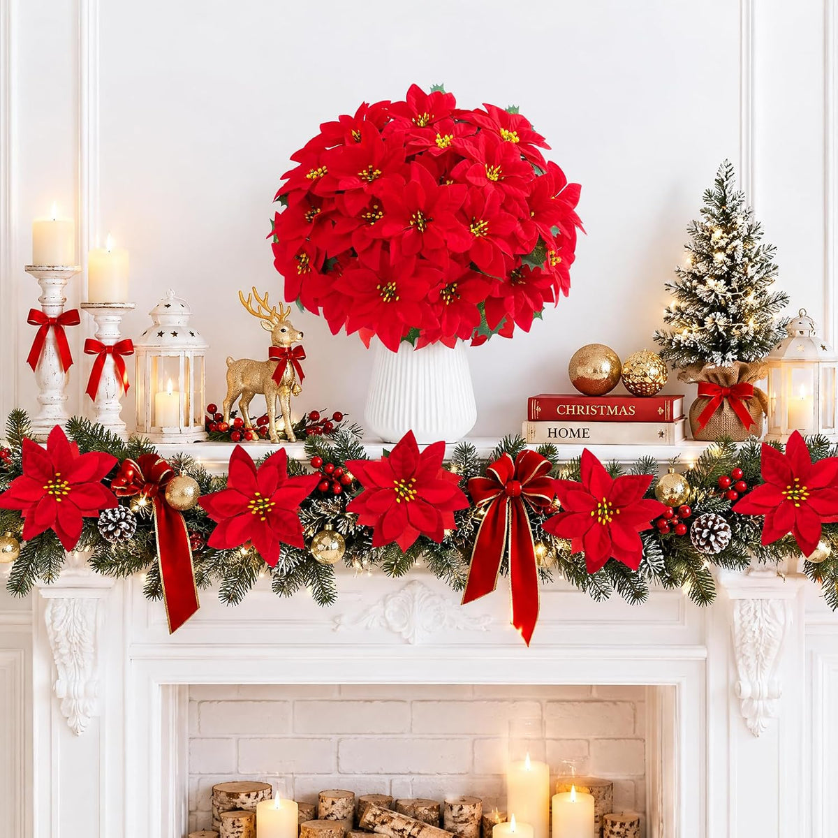 6 Pack Poinsettias Artificial Christmas Flowers Fake Red Poinsettias Flower