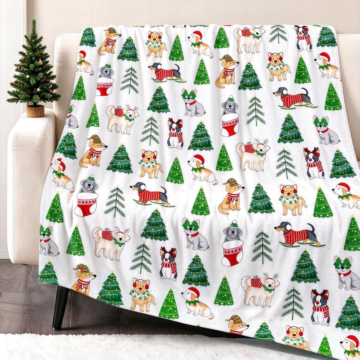 Christmas Dog Tree Blanket Soft Cozy Lightweight Xmas Throw Blanket for Couch Sofa Bed Living Room Home Decor for Boys Girls Kids Adults Gift 50x60 inch
