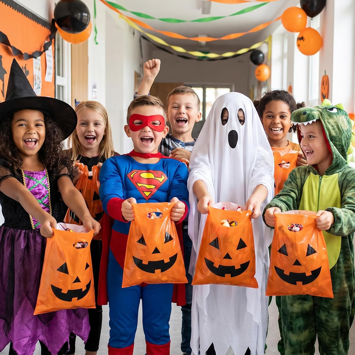 Choice Marts 100 Halloween Candy Bags Bulk 12x15 Treat Bags with Handles