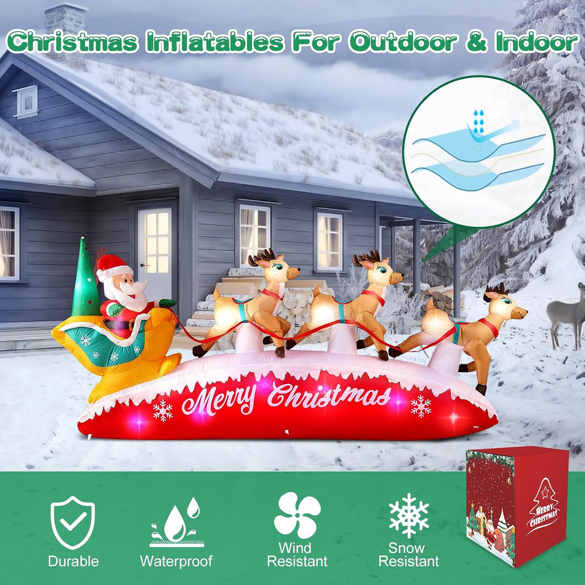 Danxilu Christmas Inflatables 10 FT Long Santa Sleigh and Reindeer Decor