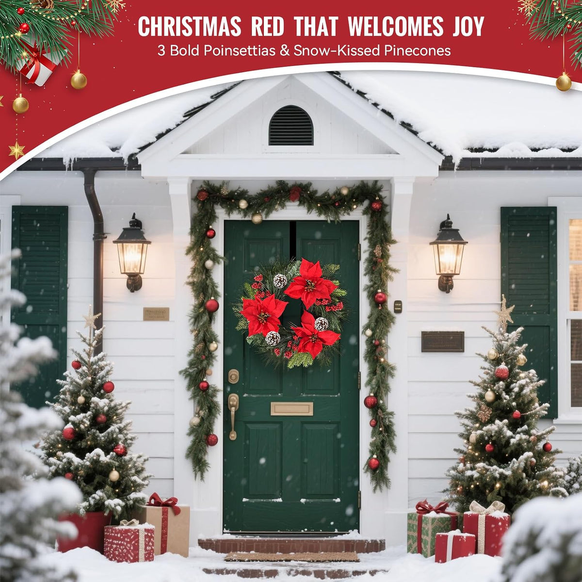 24 Inch Christmas Wreath for Front Door Outdoor with Hangers