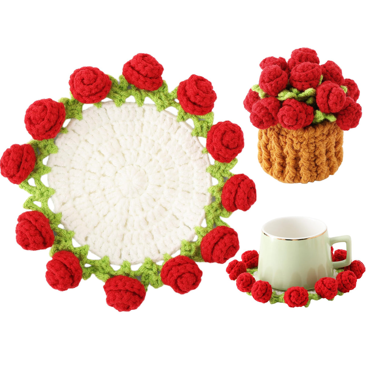 Crochet Flower Coasters, Handmade Bouquet Coasters with Crochet Plant Pot (Sunflower Yellow, 1Pc)