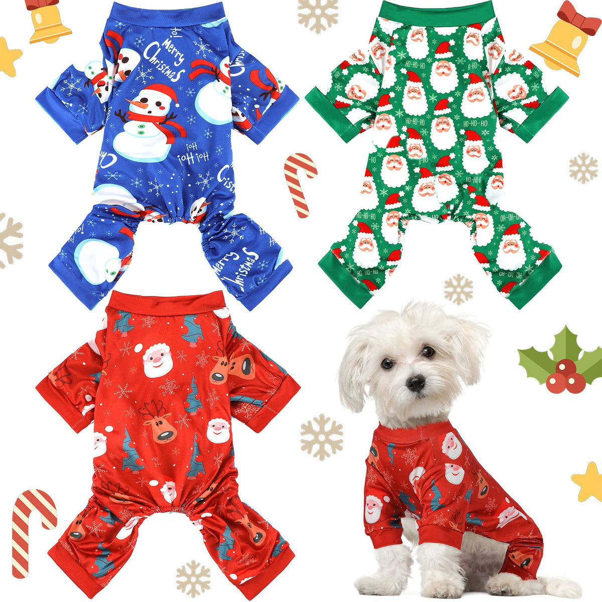 Frienda 3 Pcs Christmas Dog Pajamas,Snowman Pattern,L (fit 7.7-9.9lbs)