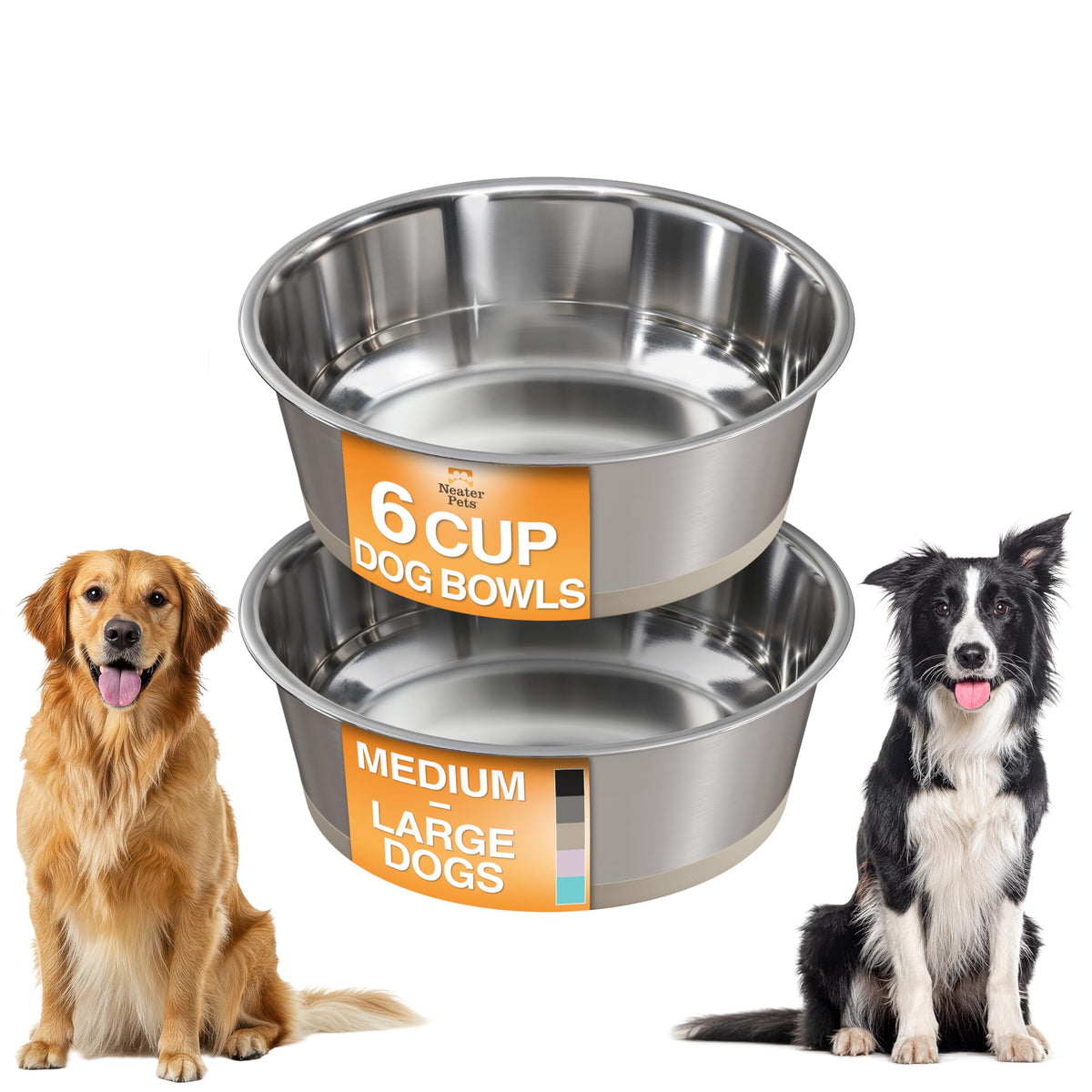 Neater Pet Brands Stainless Steel Dog Bowls with Non-Slip Rubber Bottom – Set of 2, 6 Cup (48 oz), Black - Heavy Duty Metal Dog Bowl, Dishwasher Safe, Food or Water Bowl, Ideal for Large Dogs