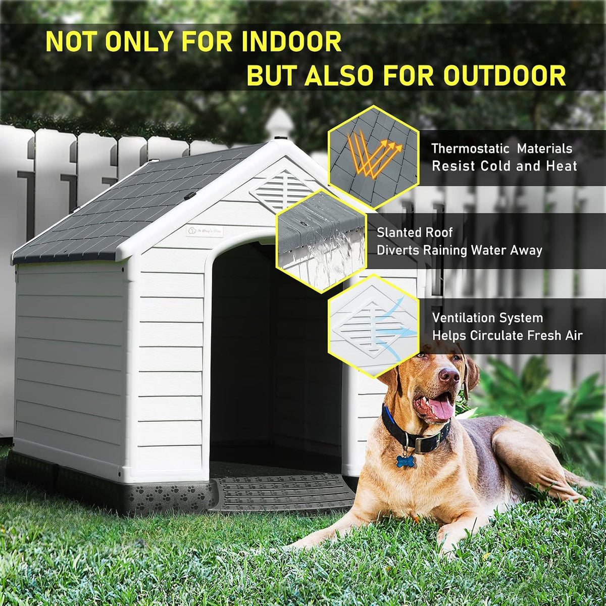 LEMBERI Durable Waterproof Plastic Dog House for Small to Large Sized Dogs, Indoor Outdoor Doghouse Puppy Shelter with Elevated Floor, Easy to Assemble (Gray, 39" L x 35" W x 37.4" H)
