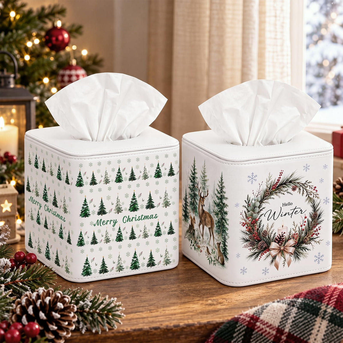 Thyle 2 Pcs Fall Tissue Box Cover Square, Pumpkin PU Leather Tissue Holder