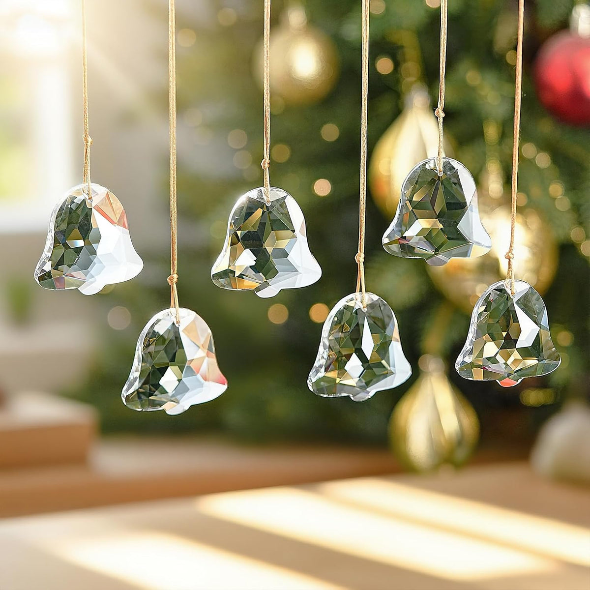 6 Pcs 2 Inch Faceted Crystal Bell Christmas Tree Hanging Ornament