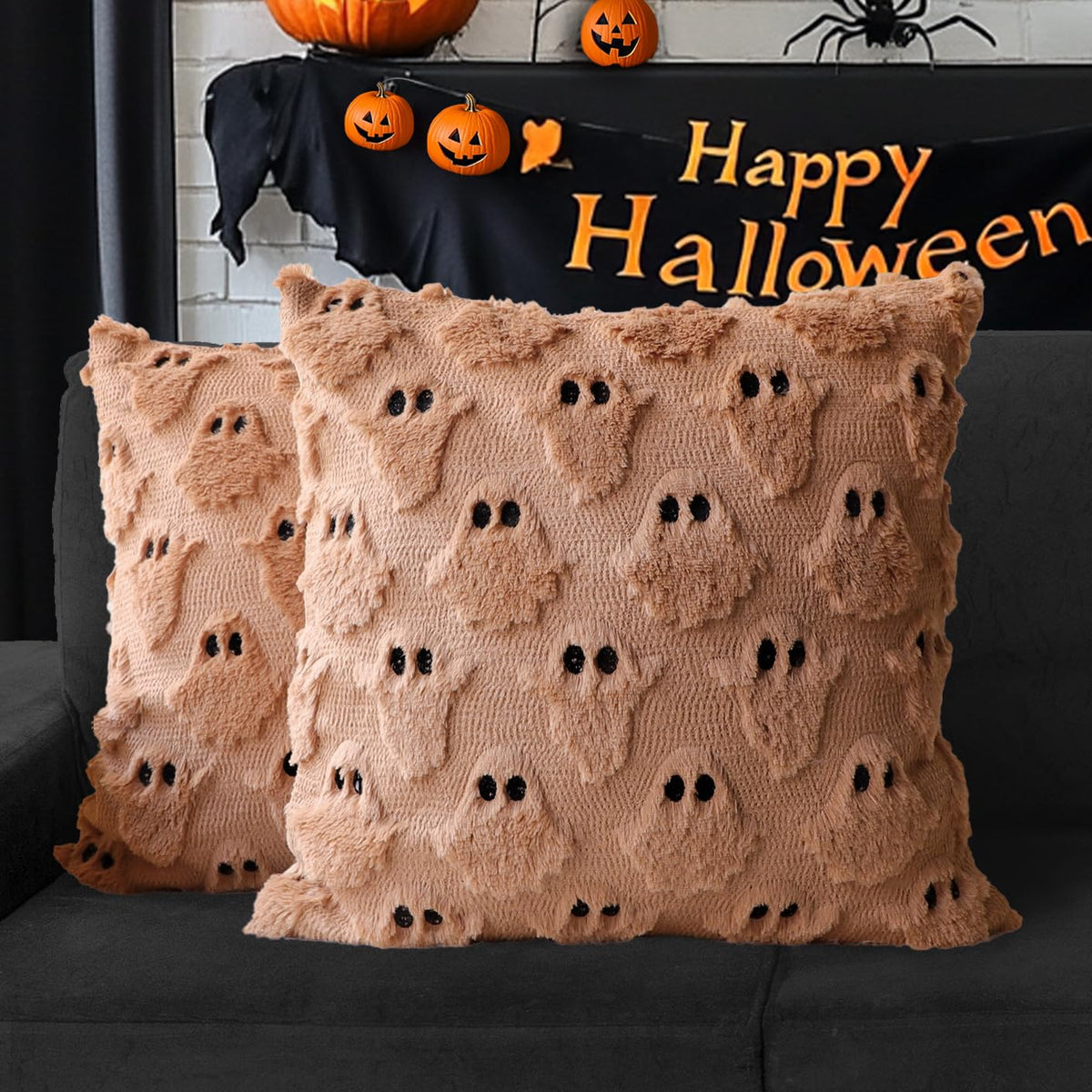 Halloween Ghost Decorative Pillow Covers 18x18 Set of 2, Beige Soft Plush Faux Fur Farmhouse Throw Cushion Cases for Fall Holiday Home Decorations