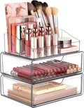 Vtopmart 3 Tier Clear Makeup Organizer with 2 Drawers | Smart Storage Layout, Clear for Better Visibility, Stackable, Large Capacity, for Makeup Lipstick Brush Skincare