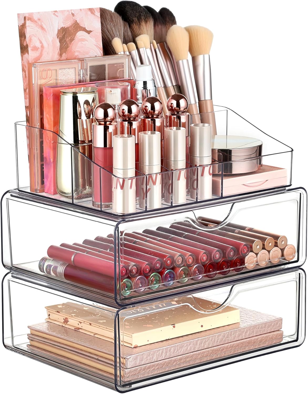 Vtopmart 3 Tier Clear Makeup Organizer with 2 Drawers | Smart Storage Layout, Clear for Better Visibility, Stackable, Large Capacity, for Makeup Lipstick Brush Skincare