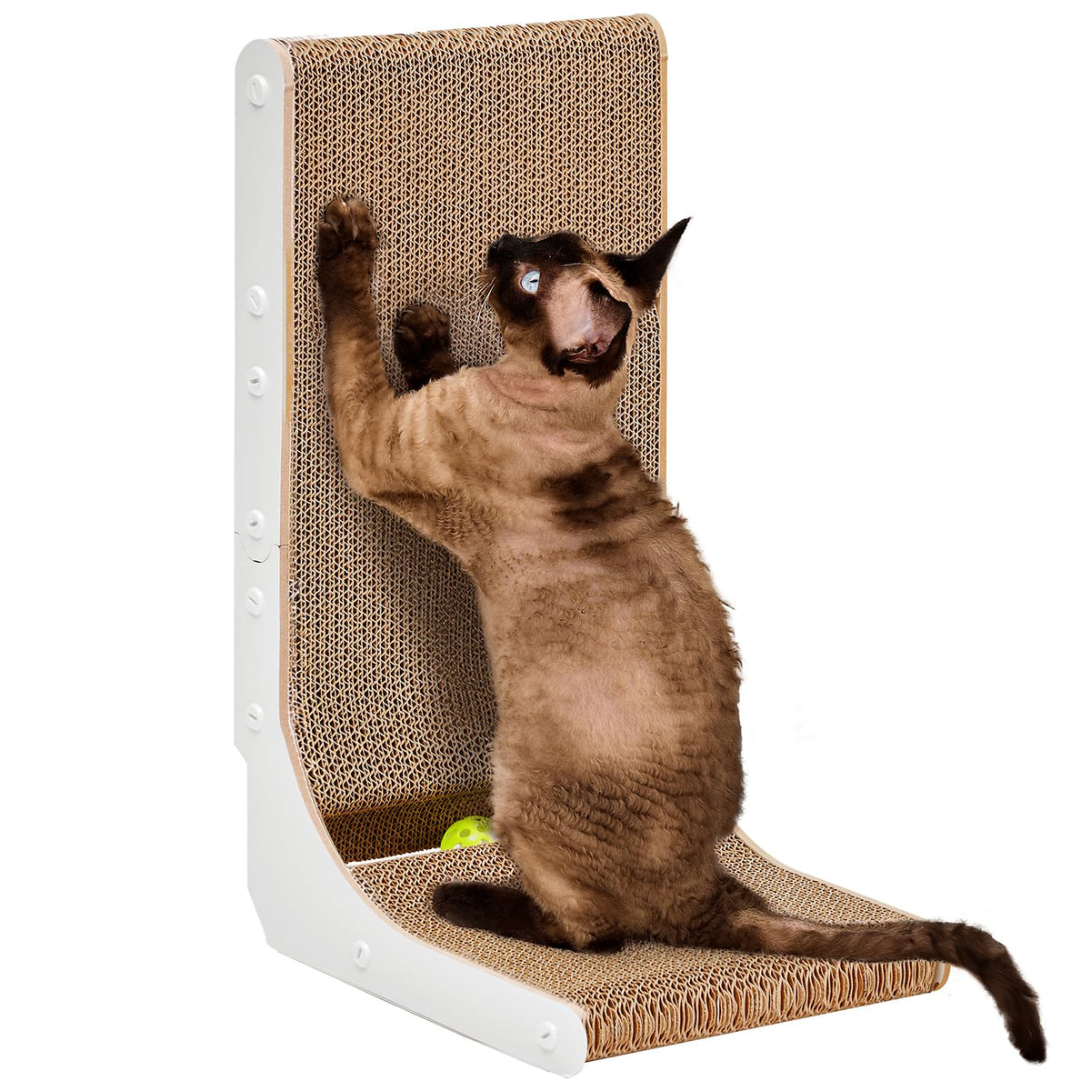 EHEYCIGA Cardboard Cat Scratcher for Indoor Kitten Cats, 19 Inch L Shaped Vertical Cat Scratching Board with Ball Cat Toy, Small Cat Scratcher Pad, Brown