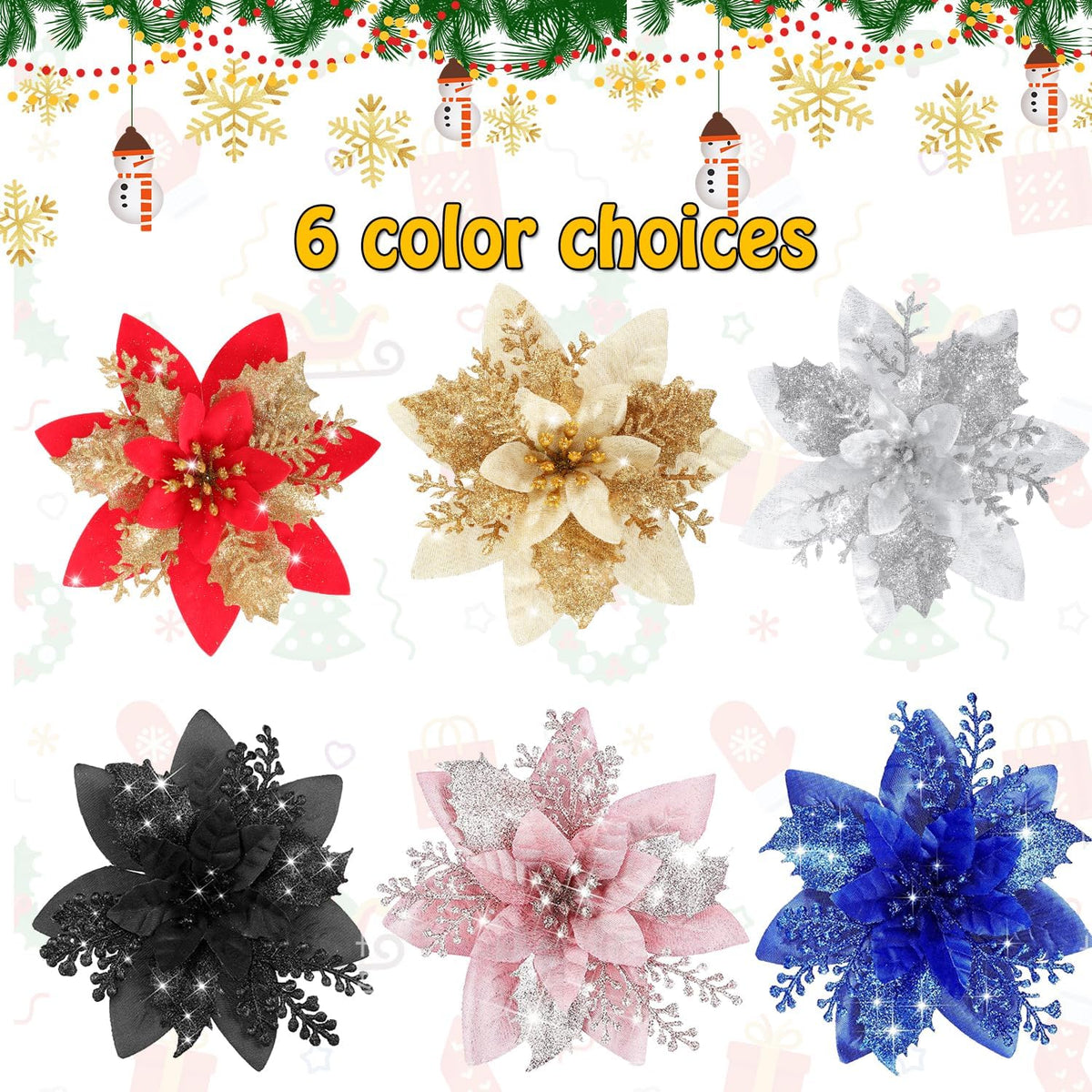 Poinsettia Christmas Flowers Decoration -12Pcs Artificial Red Gold Poinsettia Christmas Tree Ornaments Glittery for Xmas New Year Wedding Party Wreath DIY Garland Decor (Gold)