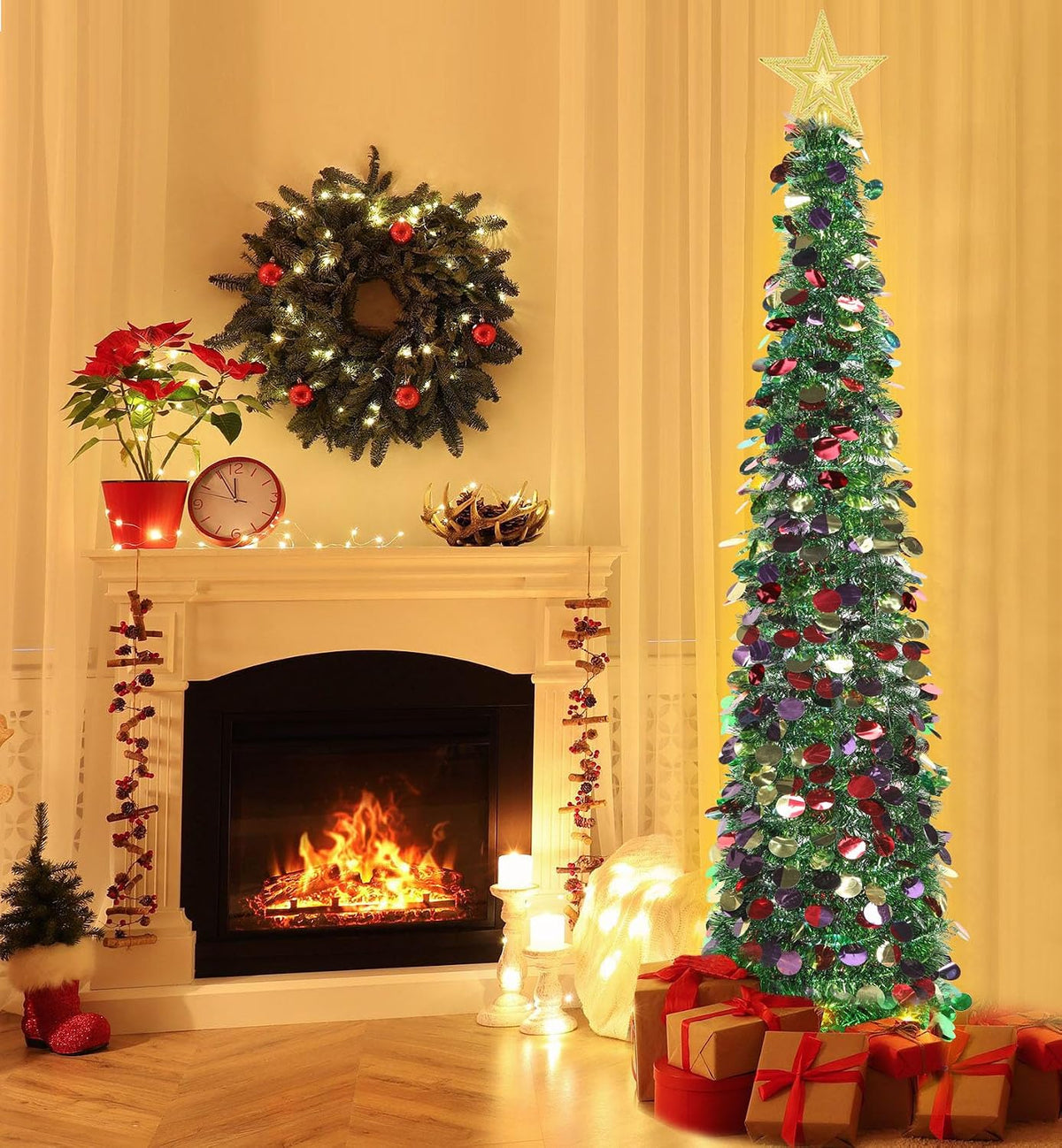 HMASYO 6 FT Pop Up Christmas Tree with 100 LED Timer Lights & Remote, Green Christmas Tinsel Tree, Collapsible Artificial Pencil Tree for Home Office Party Decor, USB Powered, Easy Assembly