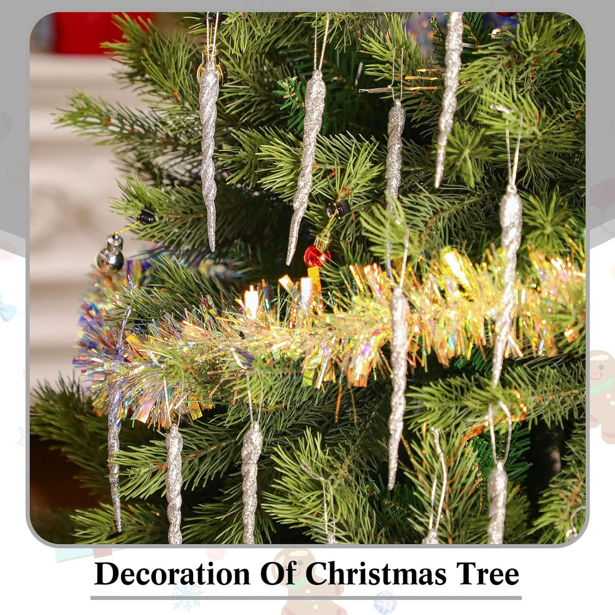 Aoriher 40 Pieces Christmas Glitter Icicle Ornaments, Silver