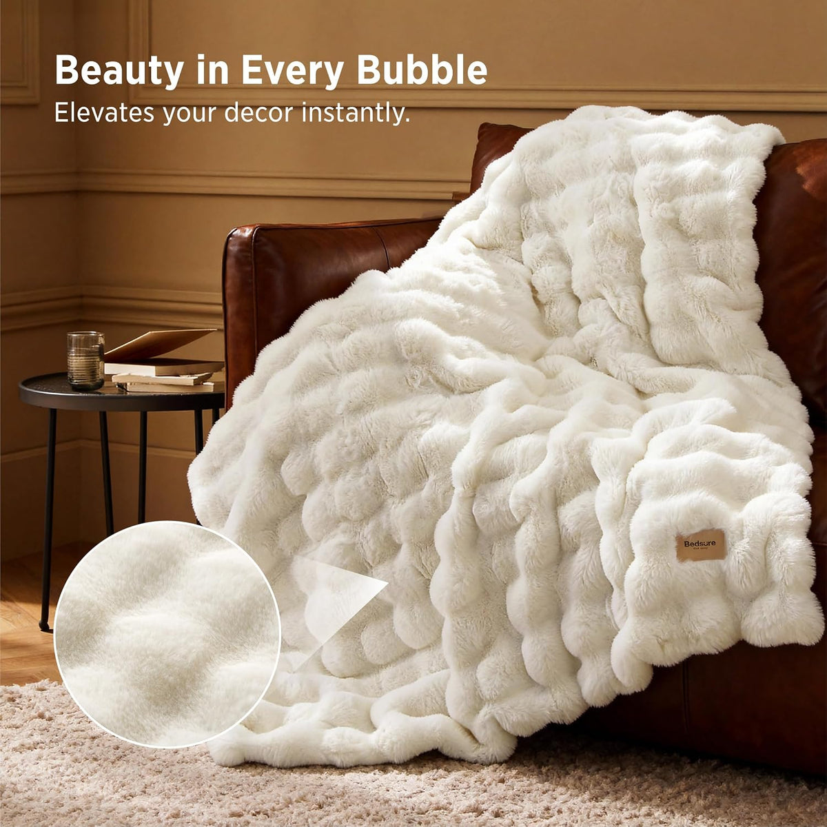 Bedsure Fluffy Bubble Faux Fur Throw Blanket, 50"x60", Cream