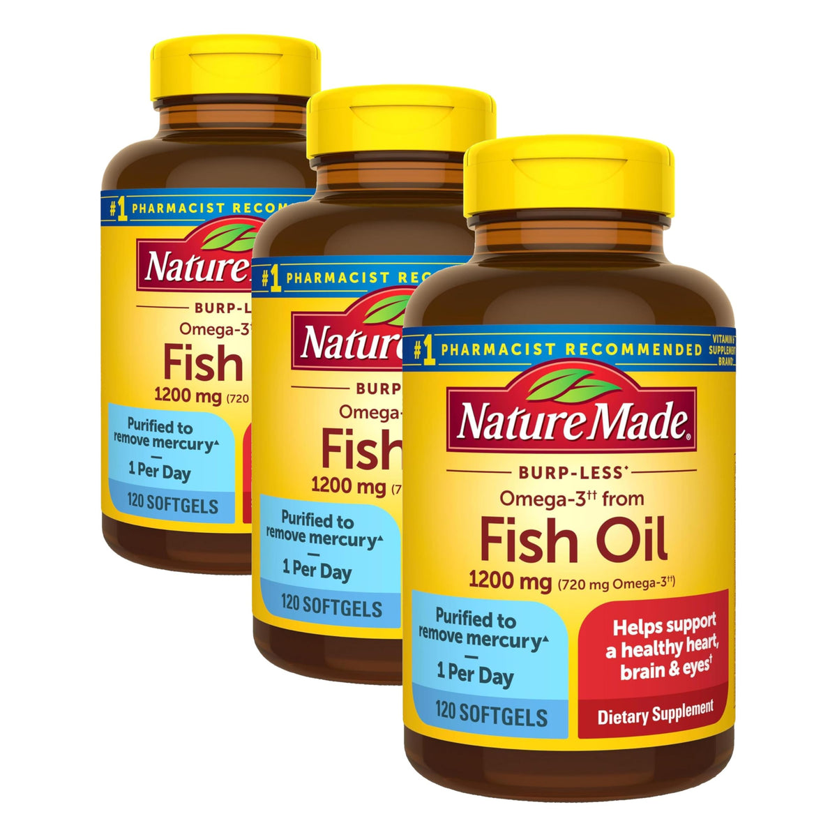 Nature Made Burp Less Ultra Omega 3 Fish Oil Supplements, 1400mg Fish Oil Omega 3 Supplements as Ethyl Esters for Healthy Heart Brain Eyes Support, One Per Day, 90 Softgels