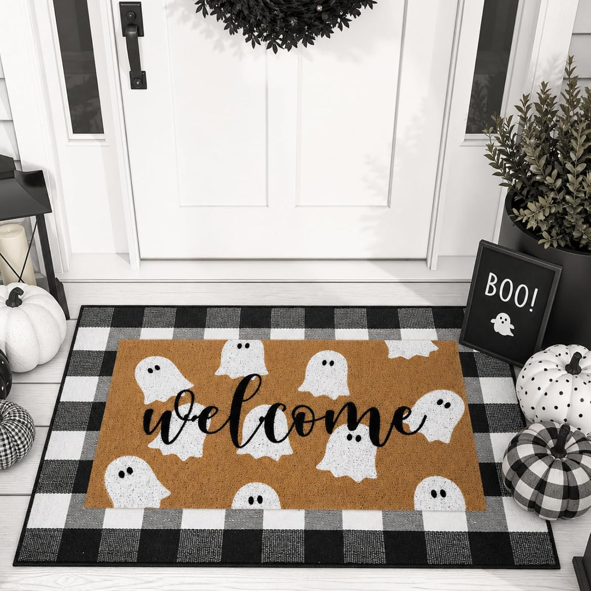 Tinideya 2 23.6 X 35.4 Inches Plaid Ghost Red Brown | Layered Coir Doormat Set, Non Slip Backing for Outdoor Entryway, Buffalo Plaid Seasonal Design, Front Porch Home Decor