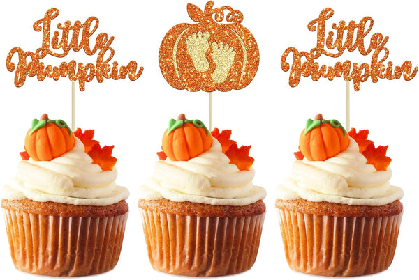 24pc Little Pumpkin Cupcake Toppers - Glitter Pumpkin Cupcake Picks - Baby Shower Decorations - Fall Harvest Theme - Kids Birthday Party Supplies