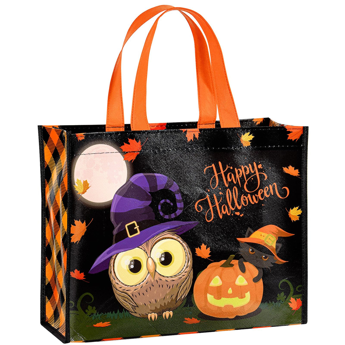 Loveinside 13" Large Halloween Reusable Gift Bag, Vintage Black Cat & Witch Hat Pattern Recycled Gift Bag with Handles for Kids Halloween Party, Trick or Treat, 13" x 5" x 10", 1 Pcs