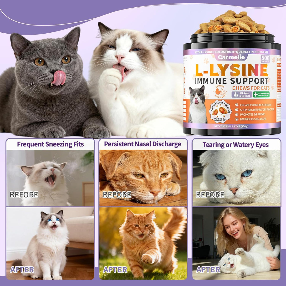 Lysine for Cats, 500ct Cat Immune Support Chews, L-Lysine Supplement for Cats with Colostrum, Omega-3, Soothes Sneezing, Runny Nose & Upper Respiratory Support, Crunchy & Creamy, Chicken Krill Flavor