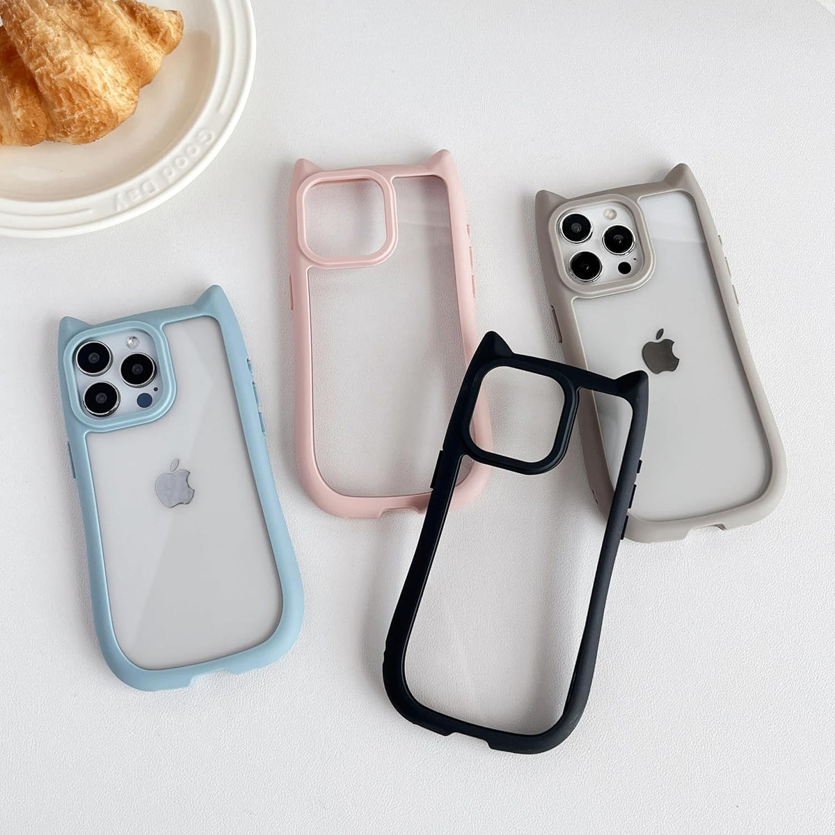 FLIRACON Cute Cat Ears Clear Phone Case Compatible with iPhone Case (Black,for iPhone 15)