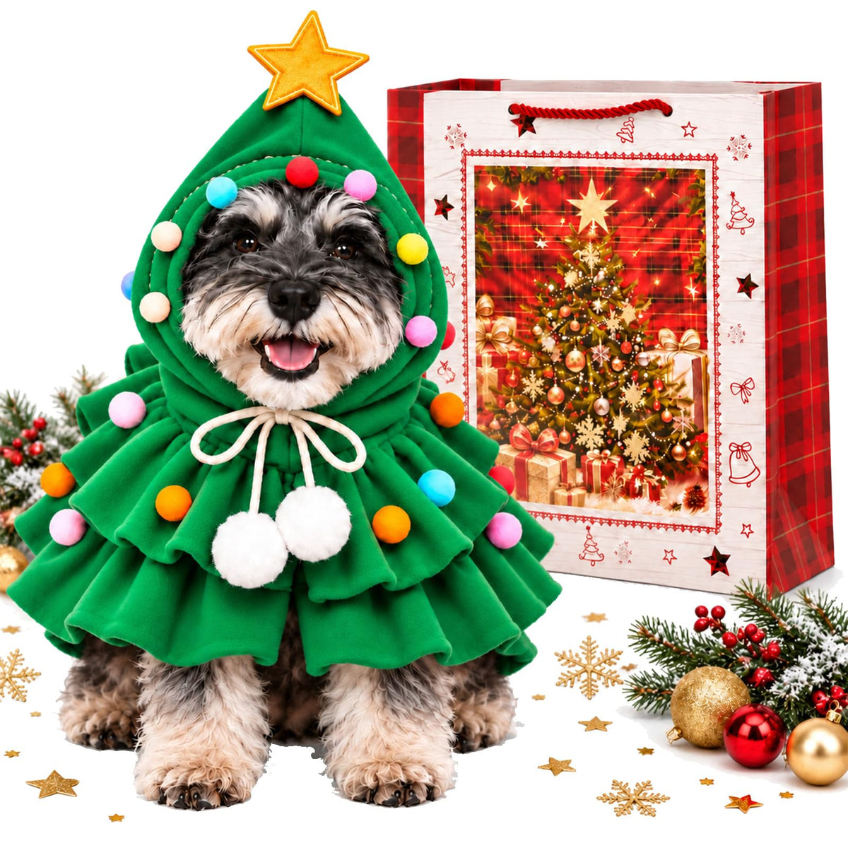Dog Christmas Outfit Clothes, Holiday Tree Costume Cape for Small Pets，Green+Red