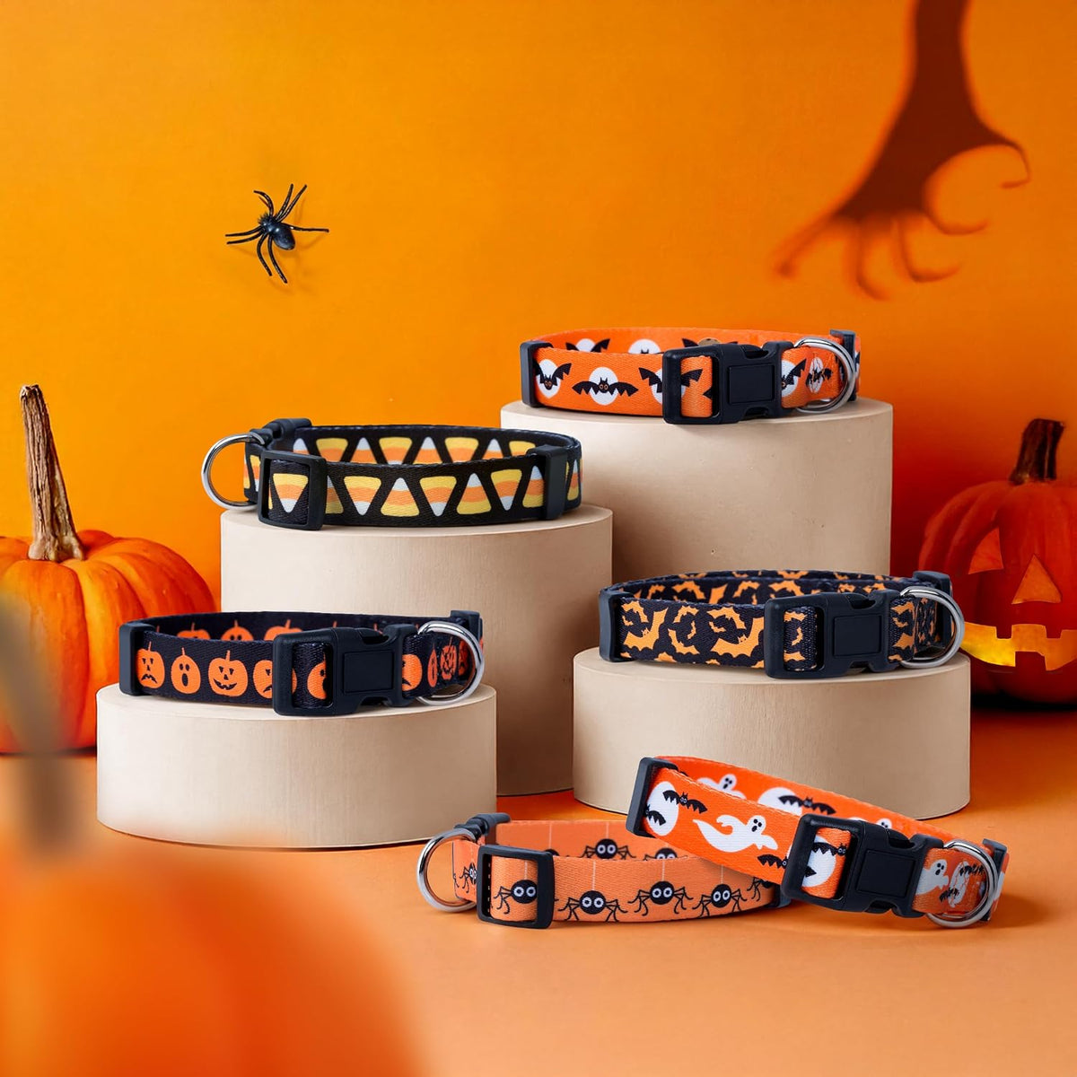 Native Pup Halloween Dog Collar- Spooky Fall Themed Horror Costume Collars- Skull, Pumpkin, Ghost, Bat, Witch, Candy Corn, Spider- Adjustable for Small, Medium, Large Breeds (Small, Big Pumpkins)