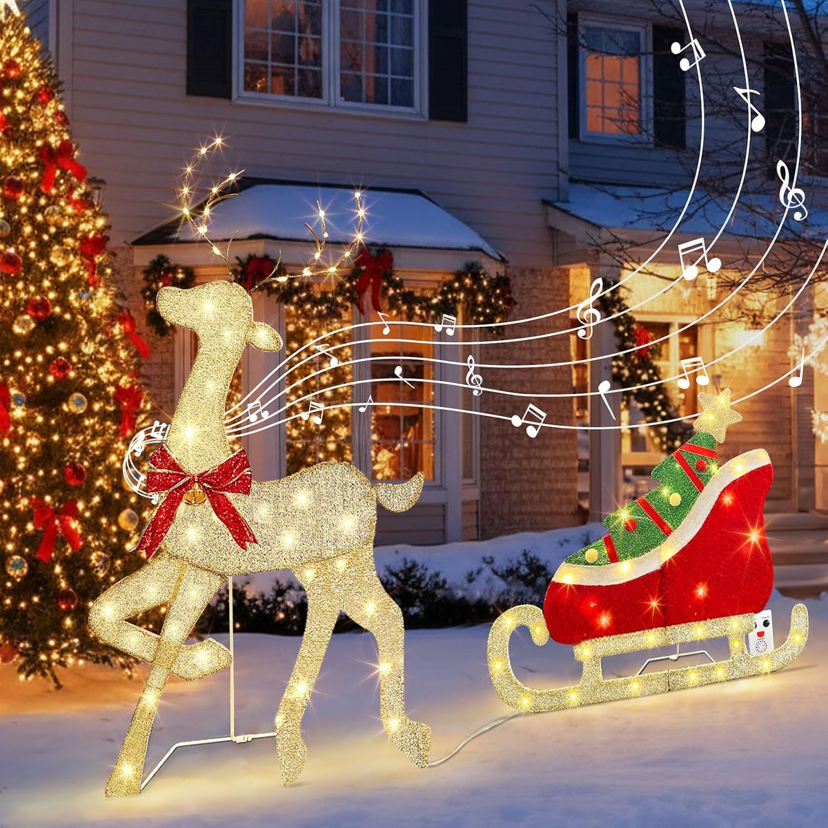 EAMBRITE Christmas Decorations Outdoor, 42 Inch Christmas Reindeer & Sled with 117 Warm White Lights, Motion Sensor 2D Music Lighted Deer Christmas Decor for Xmas Tree Lawn Porch Garden