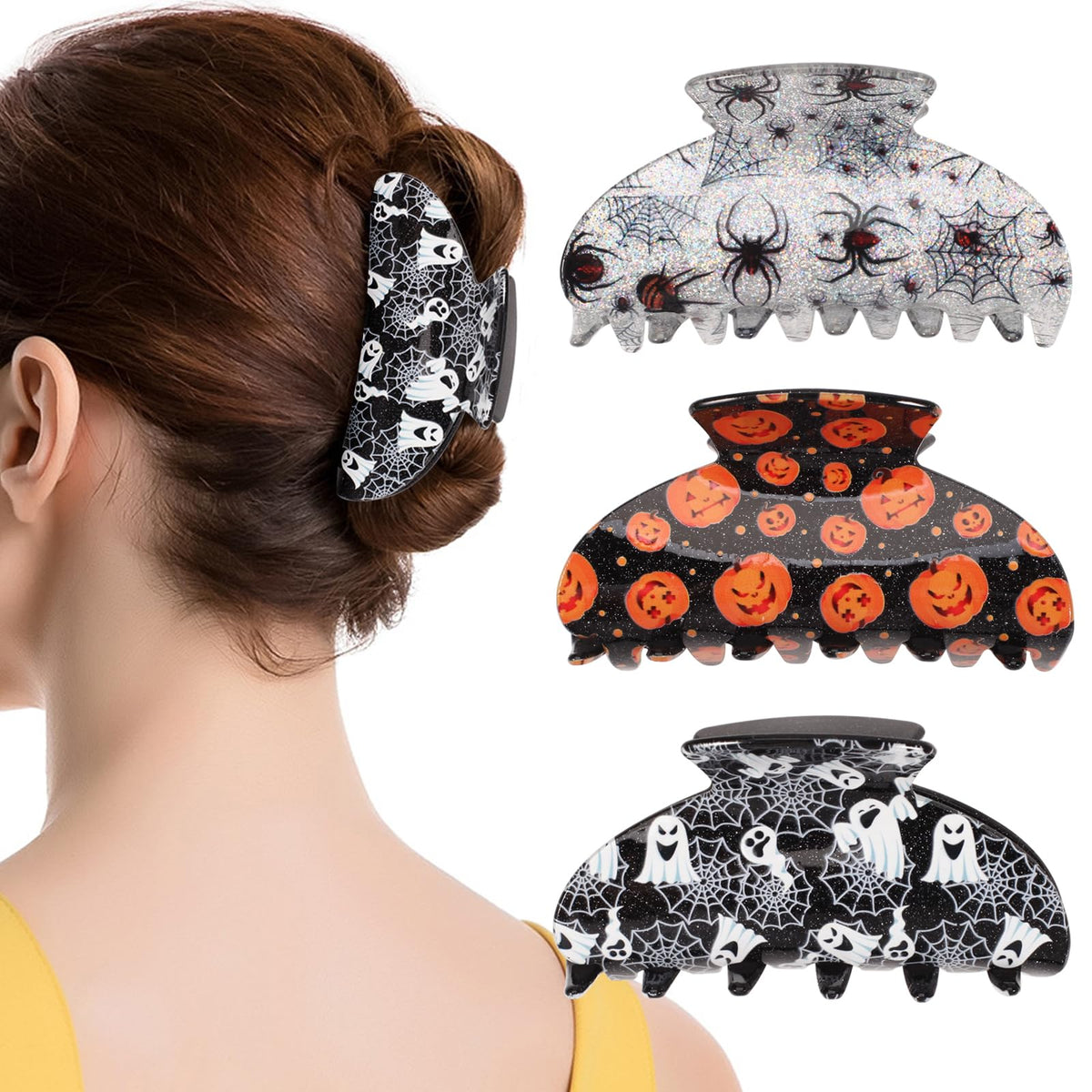 Mini Halloween Holiday Hair Claw Clips for Girls Pumpkin Ghost Bat Spider Web Fun Hair Clips Cute Halloween Hair Accessories for Women 8pcs
