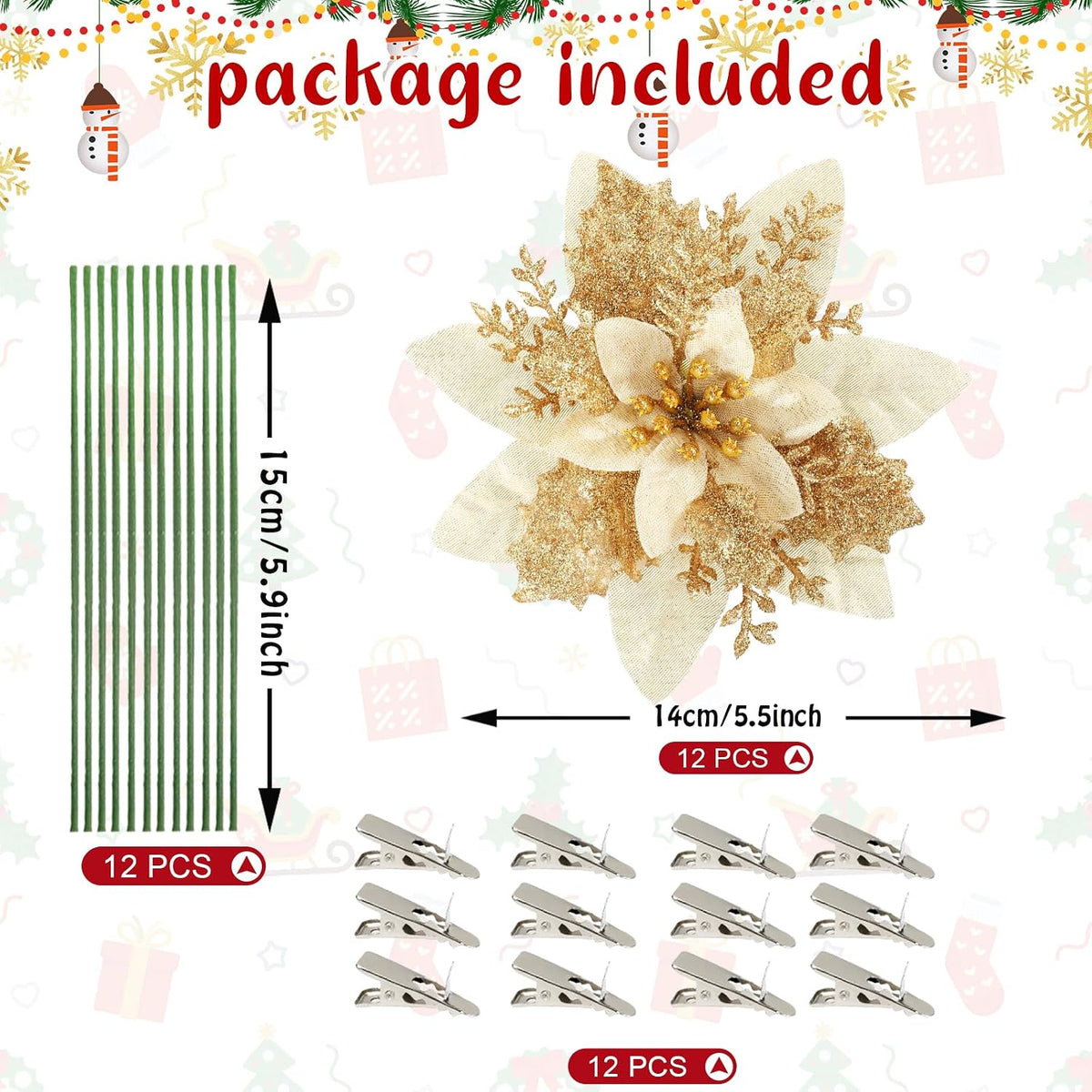 Poinsettia Christmas Flowers Decoration -12Pcs Artificial Red Gold Poinsettia Christmas Tree Ornaments Glittery for Xmas New Year Wedding Party Wreath DIY Garland Decor (Gold)