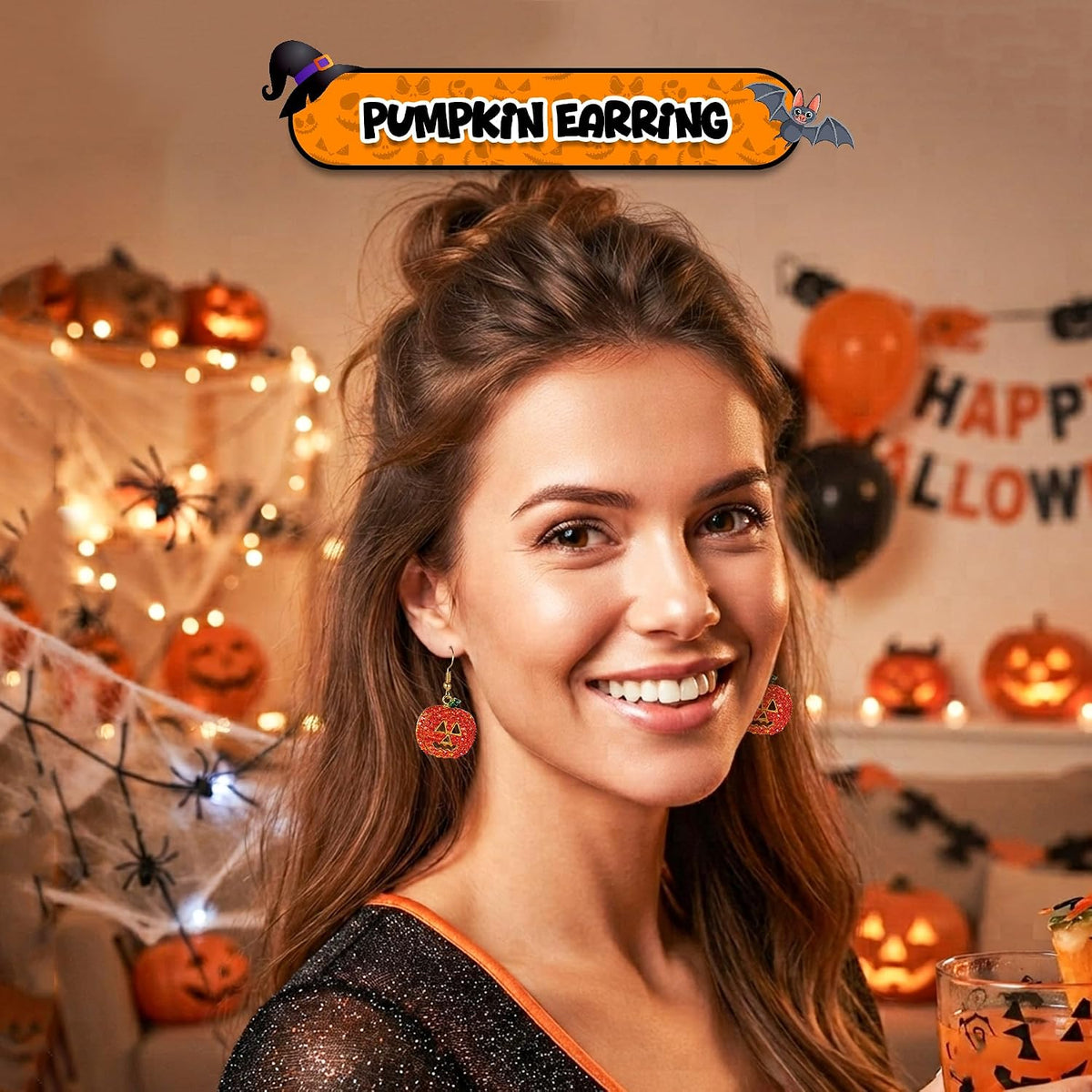4E's Novelty Halloween Pumpkin Earrings for Women, Crystal Dangle Drop Earrings Hypoallergenic, 1.5” Smiling Face Pumpkin Halloween Earrings, Fun Festive Costume Jewelry Halloween Party Jewelry Gift