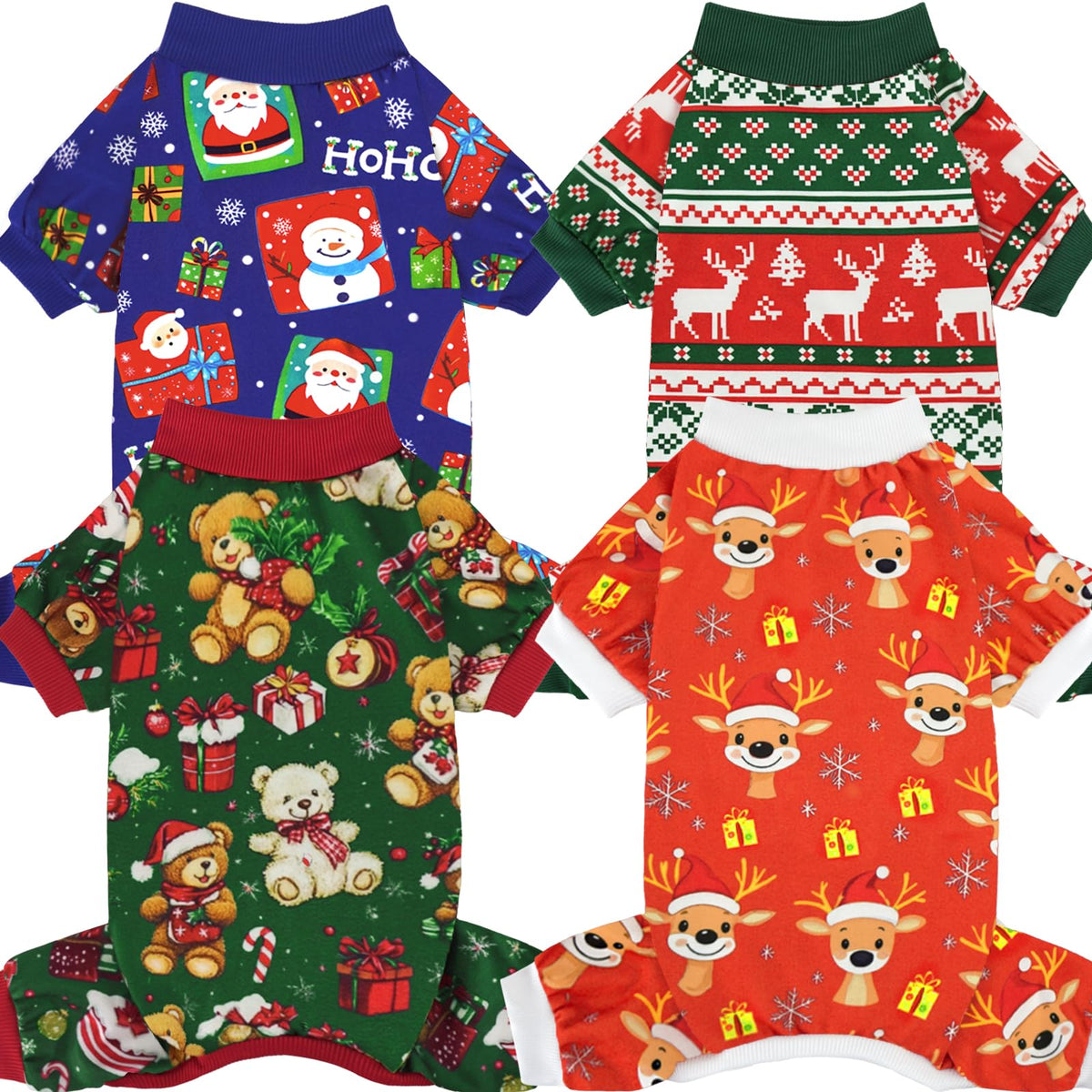4 Pack Dog Christmas Pajamas Reindeer Puppy Clothes Cute Santa Claus Dog Pajamas Costumes Outfit Red Green Medium