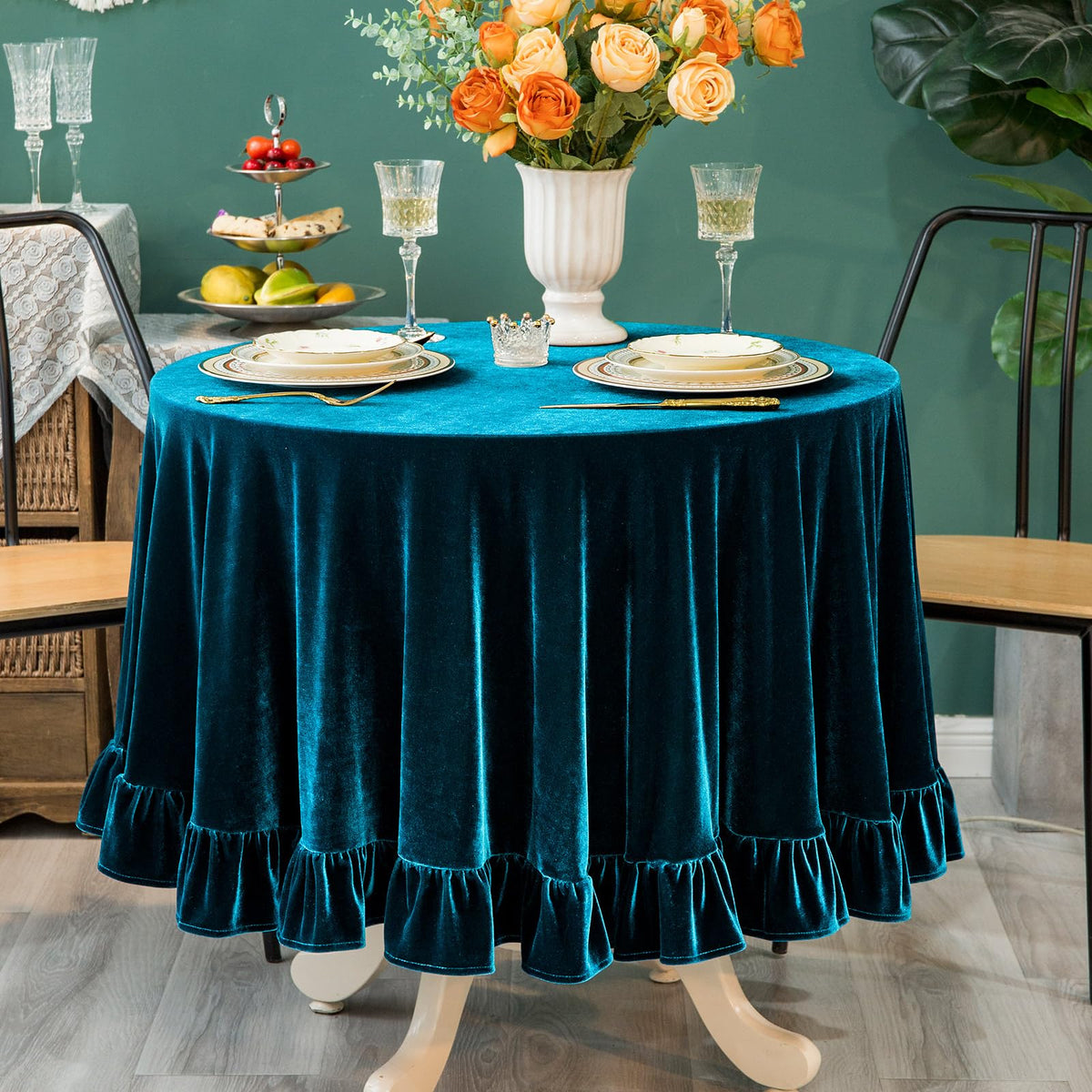 GLORY SEASON Velvet Tablecloth Luxurious Solid Rectangle Table Cloth,Oblong Retro Farmhouse Ruffle Tablecloths Washable Table Cover for Party Olive Green,52x70 Inches