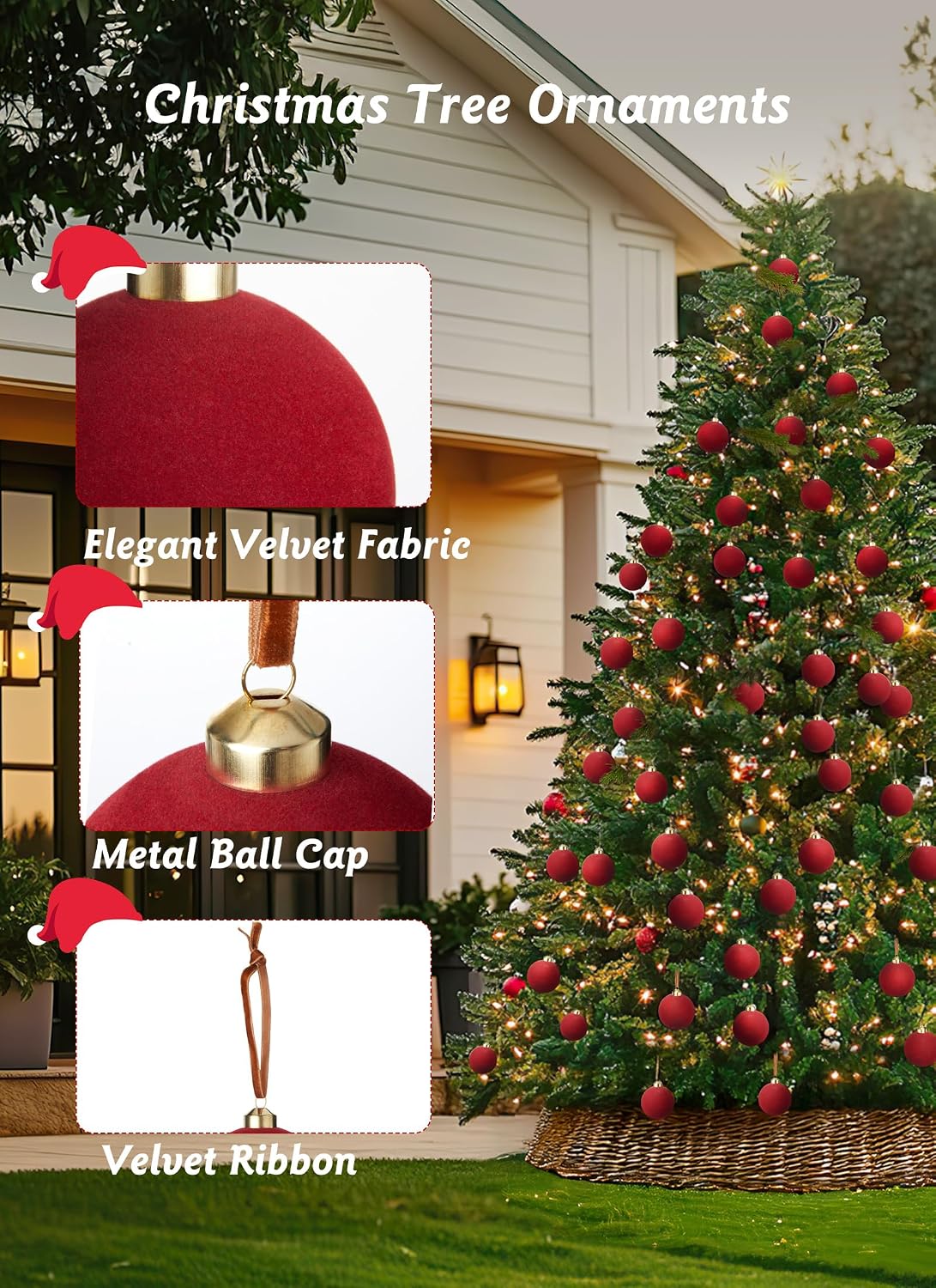 Brightown 15 Pcs Red Velvet Christmas Ornaments Balls Set, 3.15 Inch Balls