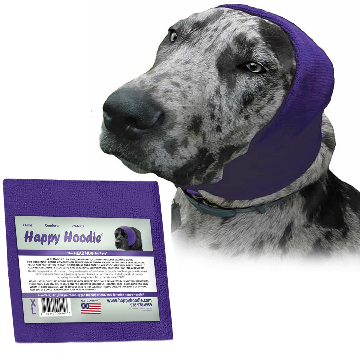 Happy Hoodie The Original Dog & Cat Calming Band - American Brand - Anxiety Relief/Noise Protection-Grooming-Thunder-Fireworks (XS, Purple) - Since 2008
