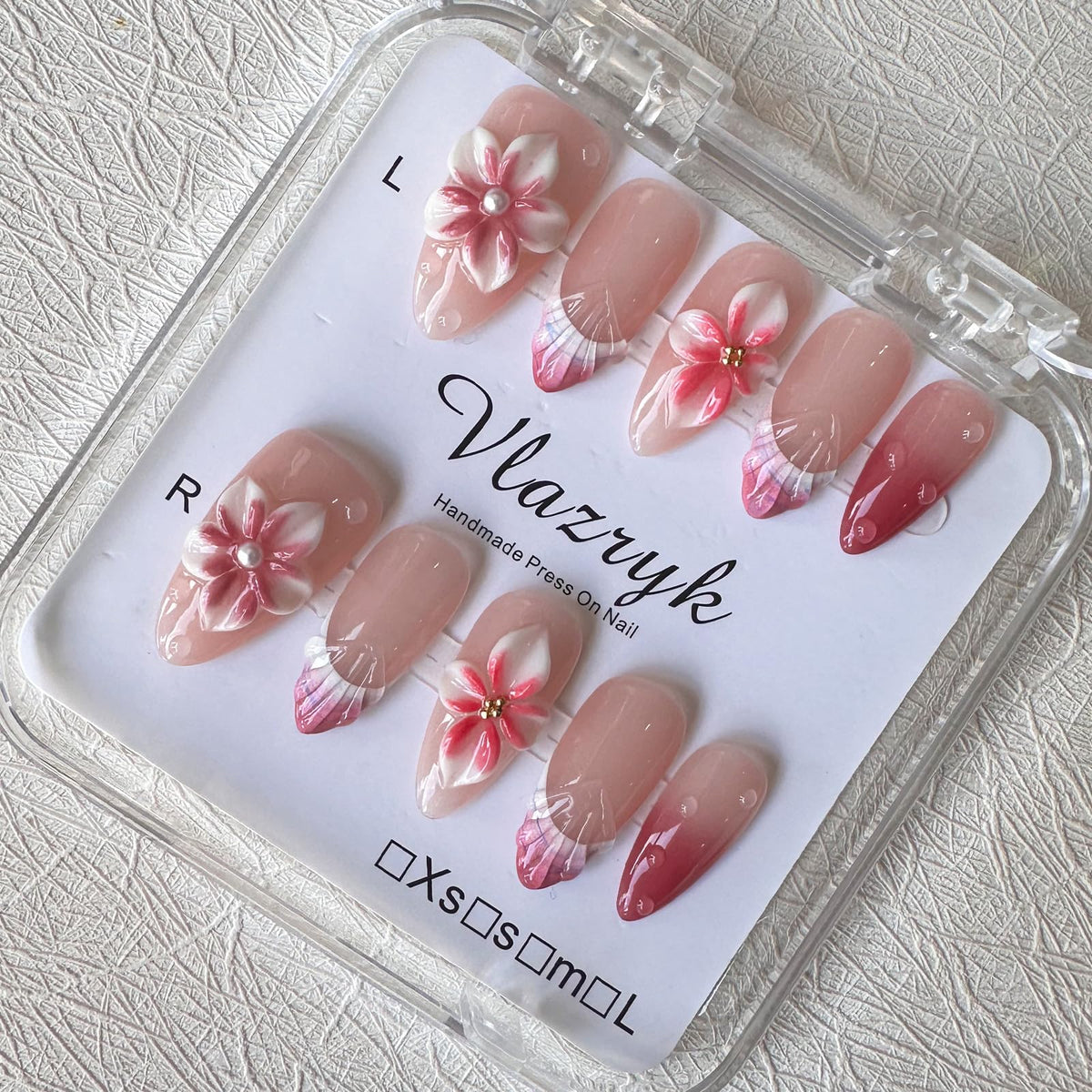 Luxury Handmade Press on Nails - Long Square White French Tips Press on Nail with Almond 3D Rhinestones, Flowers & Butterflies, Acrylic Multi-Layer Gel False Nails for Women (10Pcs Size M)