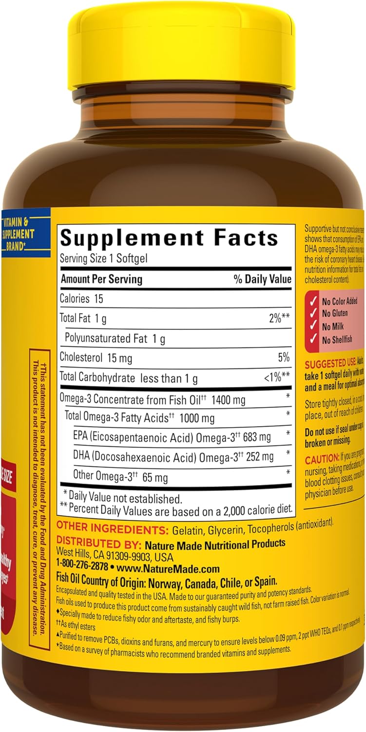 Nature Made Burp Less Ultra Omega 3 Fish Oil Supplements, 1400mg Fish Oil Omega 3 Supplements as Ethyl Esters for Healthy Heart Brain Eyes Support, One Per Day, 90 Softgels