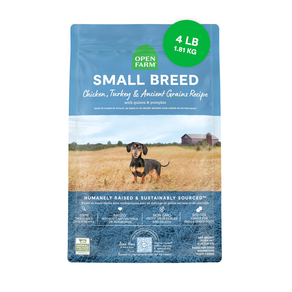Open Farm, Ancient Grains Dry Dog Food, Protein-Rich & Nutrient Dense, 90% Animal Protein Mixed with Non-GMO Fruits, Veggies and Superfoods, Grass-Fed Beef Recipe, 4lb Bag