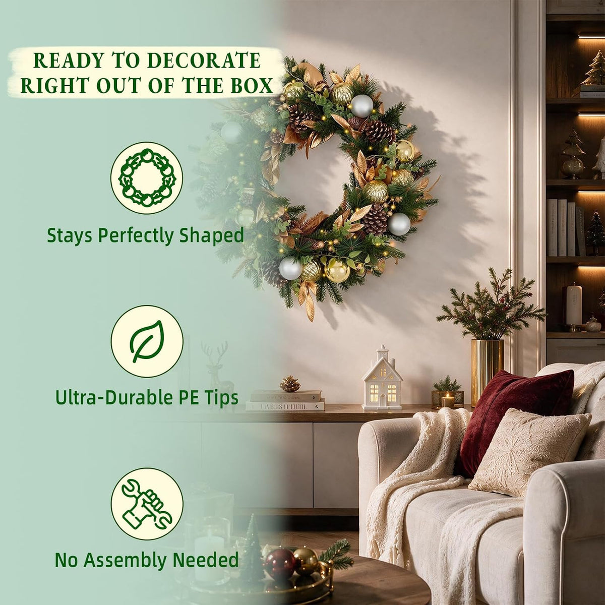 Hykolity 28 Inch Pre-Lit Botanical Christmas Wreath with 50 Warm White LEDs and Timer, Battery Operated Artificial PE & PVC Wreath with Ornaments, Pinecones and Layered Gold Leaves for Front Door