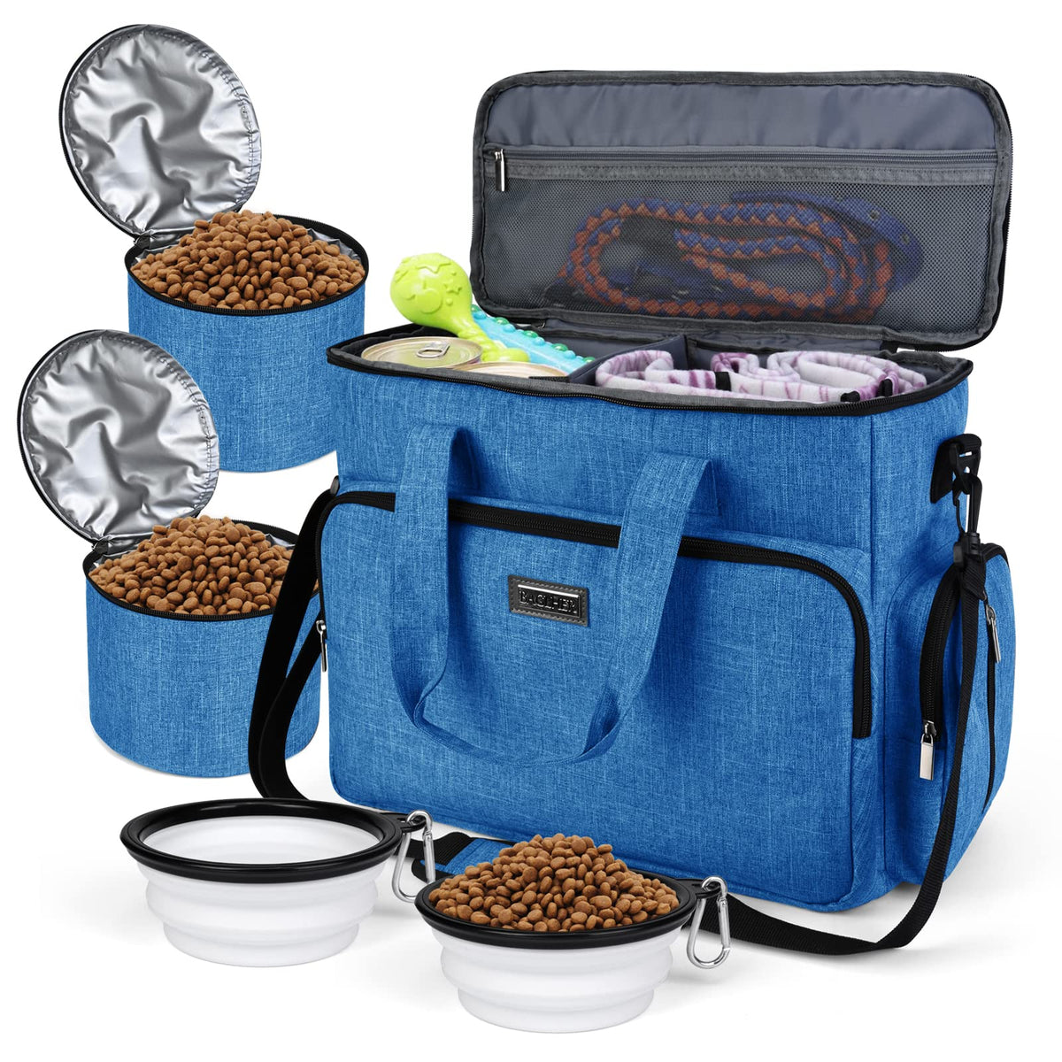 BAGLHER Pet Travel Set Airline-Approved Carrier for Small/Medium Cats & Dogs + Travel Bag with Food Containers & Silicone Bowls, Grey & Green