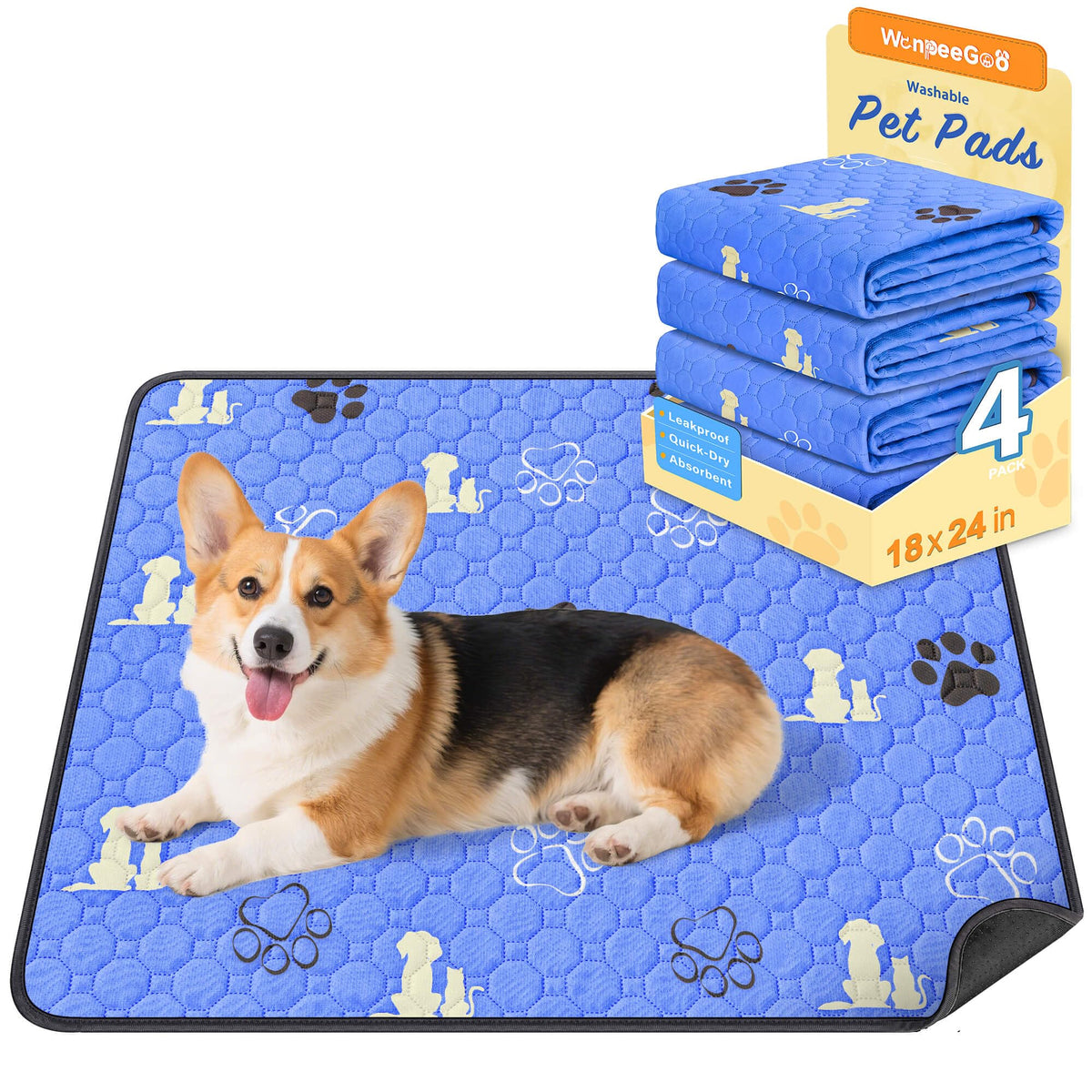 WanpeeGoo Washable Pee Pads for Dogs, Waterproof, 18 x 24 in, 4 Pack, Gray | Super Absorbent, Waterproof and Non-Slip; Washable, Reusable Dog Pads for Crates, Playpens, Floors, Furniture and Travel