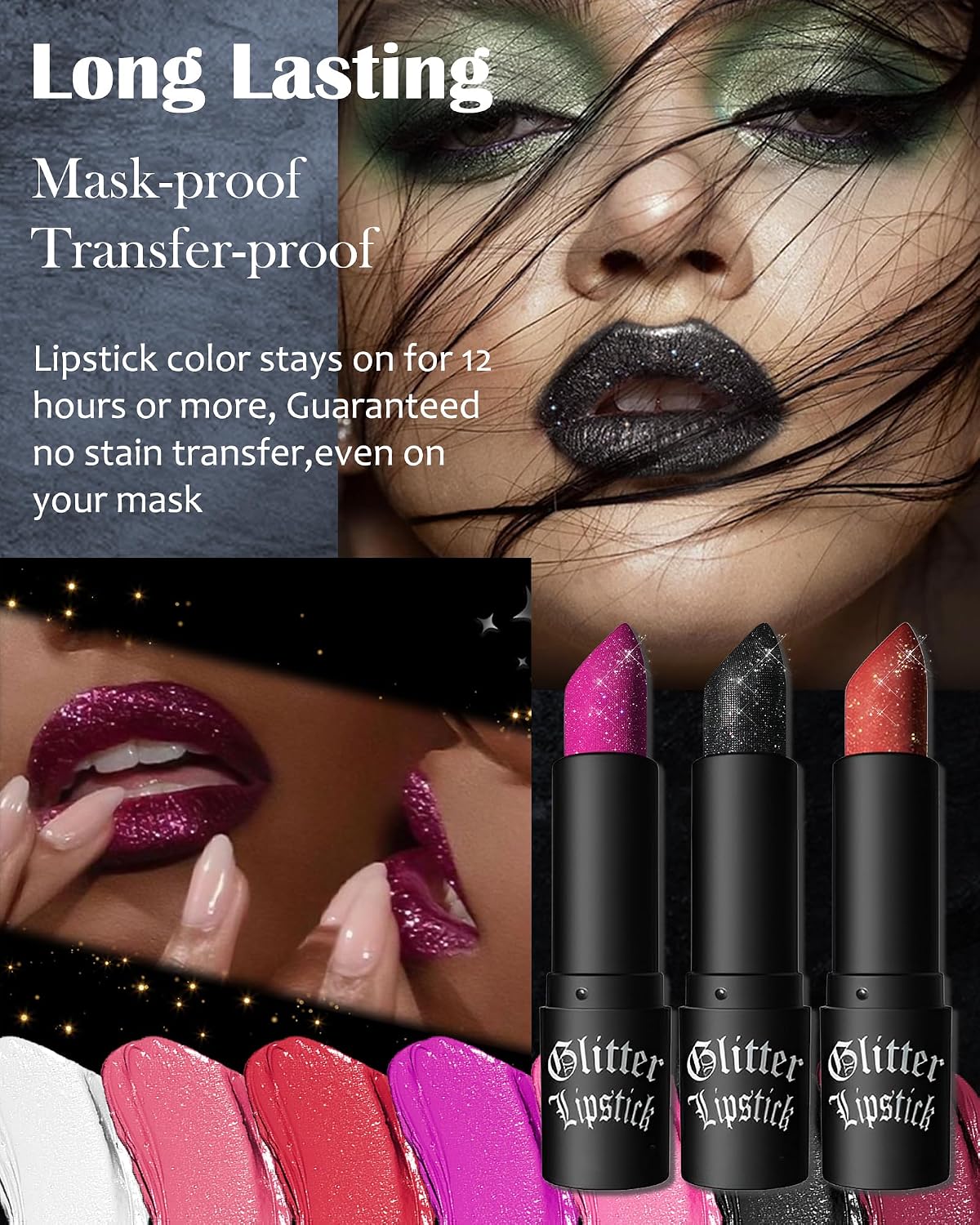 Glitter Frosted Lipstick, Matte Metallic Lip Gloss, Halloween Gothic Makeup