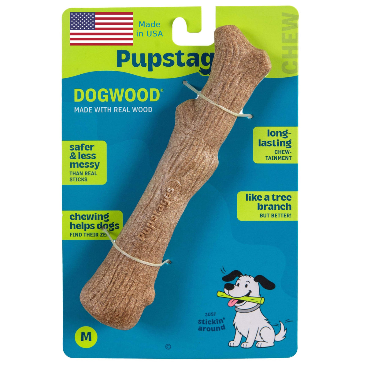 Pupstages Dogwood Dog Chew Toy, Made in the USA – Real-Wood Blend, Natural Flavor & Texture, Moderate Chewers, Large, 8"