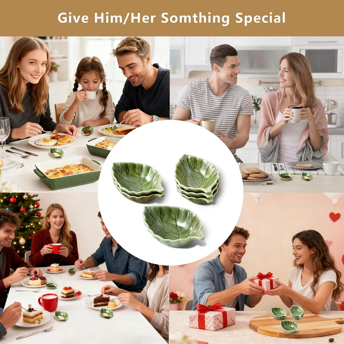 Ceramic Soy Sauce Dishes, Green Leaf Shape Dipping Bowls, 1.5OZ