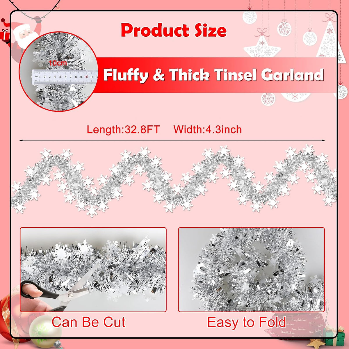50 FT Christmas Decorations Tinsel Garland, Christmas Snowflake Garland Xmas Shiny Twist Metallic Garlands Decorations for Xmas Tree Home Indoor Outdoor Holiday Xmas Party Decor