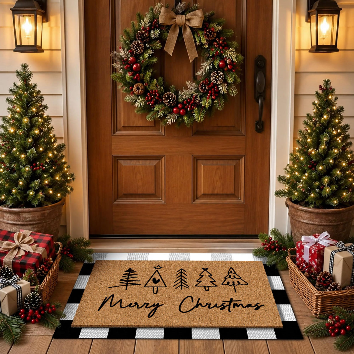 Tinideya 2 23.6 X 35.4 Inches Plaid Ghost Red Brown | Layered Coir Doormat Set, Non Slip Backing for Outdoor Entryway, Buffalo Plaid Seasonal Design, Front Porch Home Decor