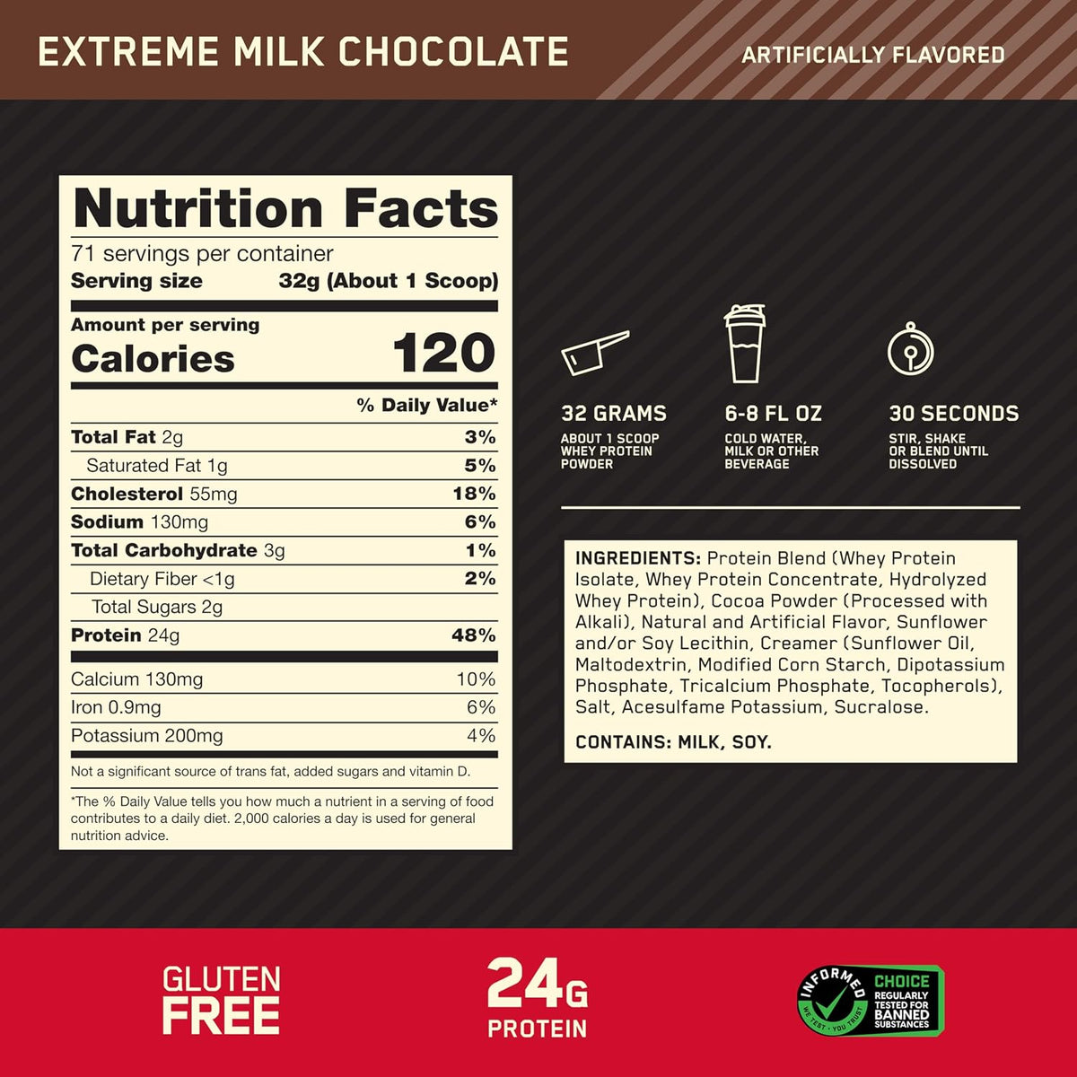 Optimum Nutrition Gold Standard 100% Whey Protein Powder, Extreme Milk Chocolate, 5 Pound (Packaging May Vary) | 24g of 100% Whey Protein Powder Per Serving, with BCAAs, Gluten Free, Banned Substance Tested, Easy Mixing, Muscle Support