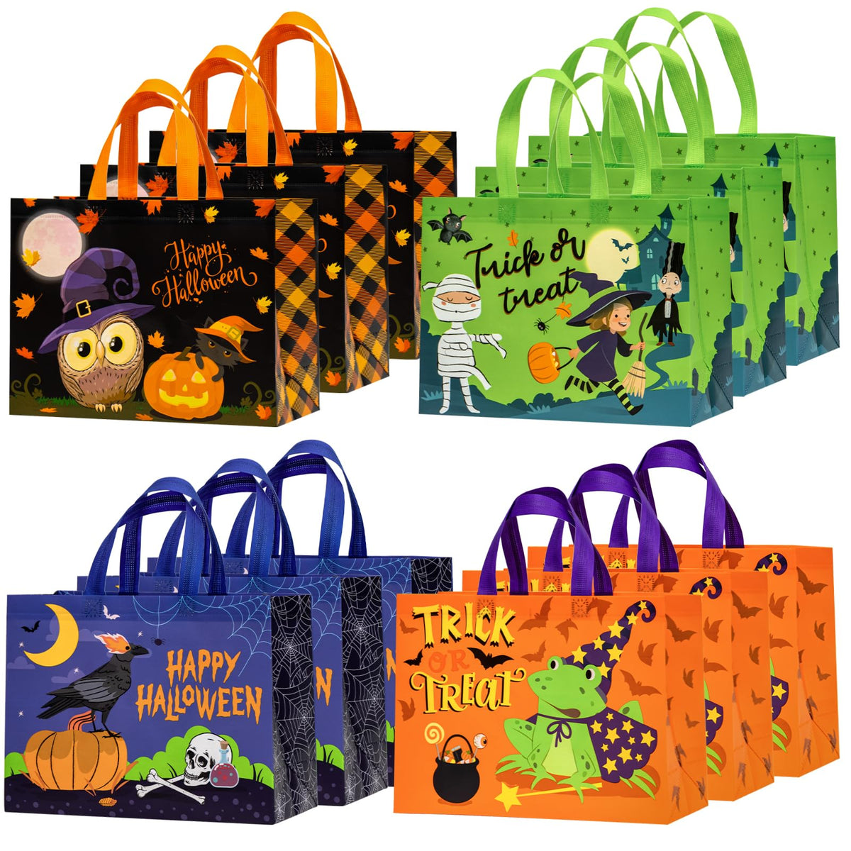 Loveinside 13" Large Halloween Reusable Gift Bag, Vintage Black Cat & Witch Hat Pattern Recycled Gift Bag with Handles for Kids Halloween Party, Trick or Treat, 13" x 5" x 10", 1 Pcs