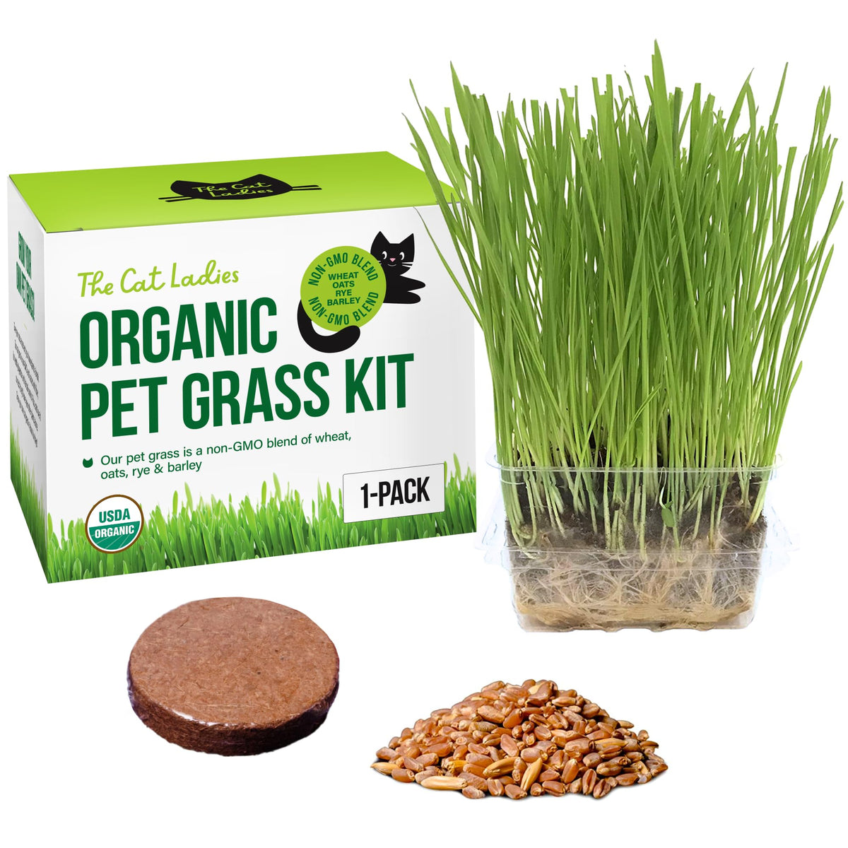 The Cat Ladies Cat Grass for Indoor Cats - Growing Kit - Organic Cat Grass Seeds, Soil and BPA Free Containers (Non GMO) - Locally Sourced Seeds! (3 Pack)
